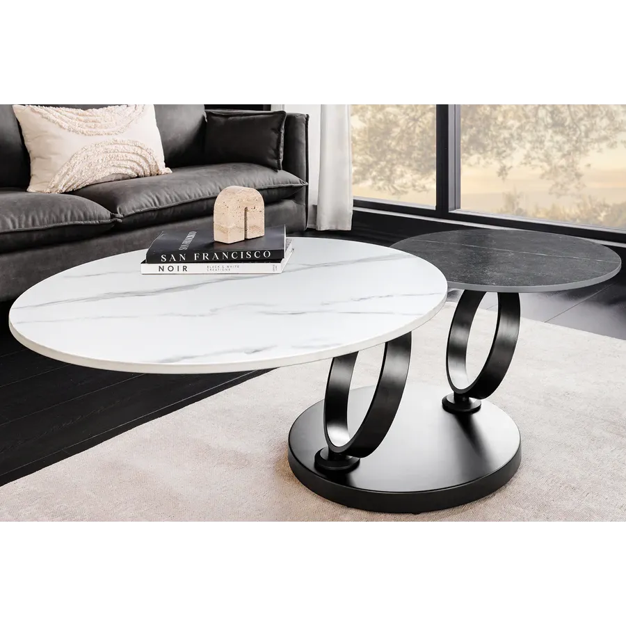 Invicta Stolik kawowy DANCING RINGS 80-135cm biało czarny marmur czarna rama / 46317