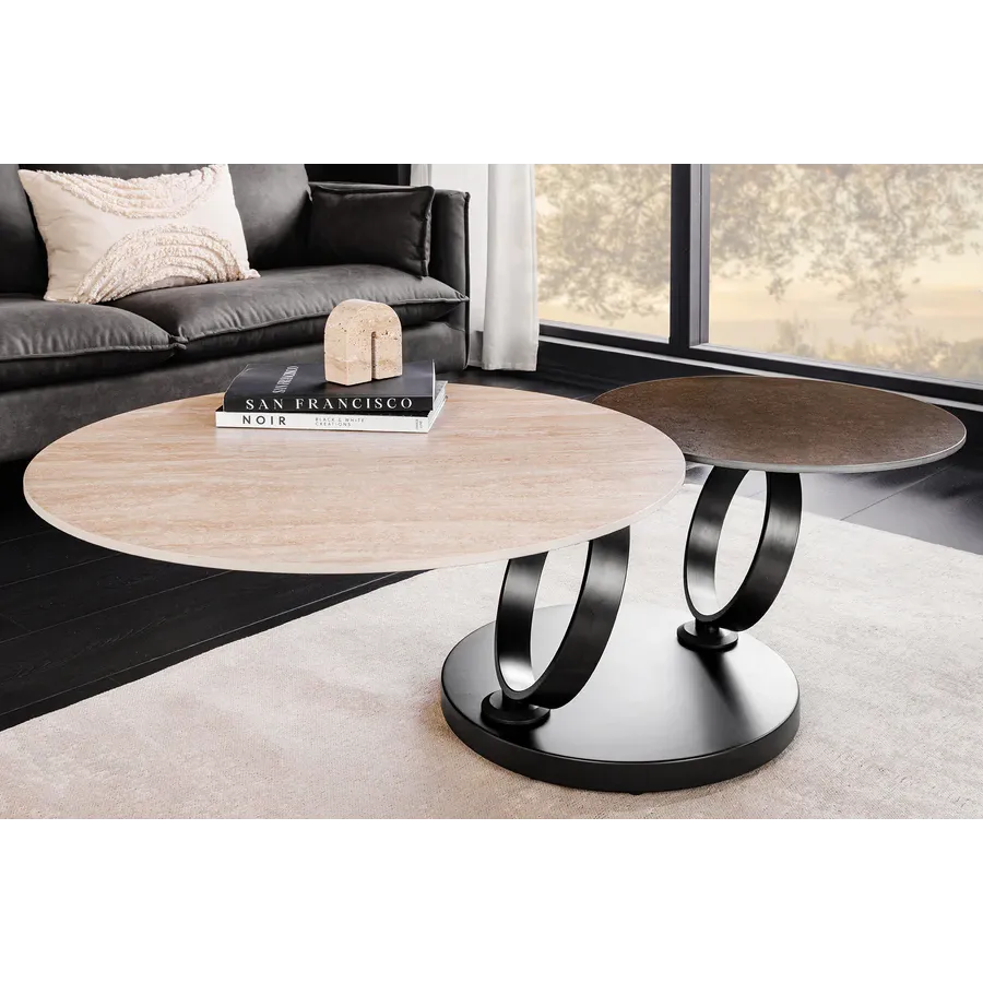 Invicta Stolik kawowy DANCING RINGS 80-135cm miedziany marmur czarna rama / 46316