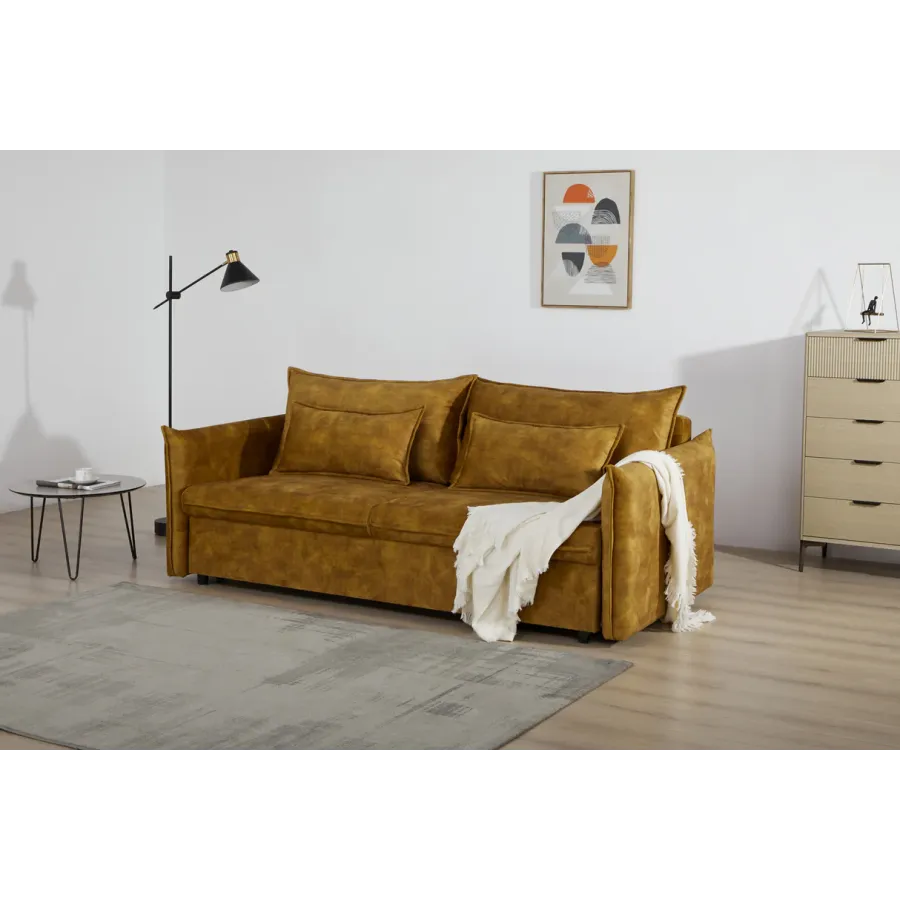 Invicta Sofa rozkładana APARTMENT musztardowo żółty aksamit 215 x 90 x 100cm / 47134