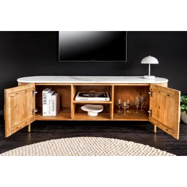 Invicta Szafka RTV TRES CHIC naturalne mango marmurowy blat 140 x 51 x 44cm / 45756