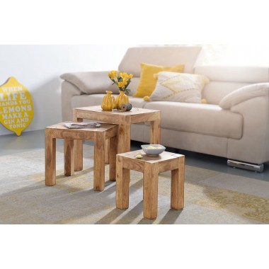 WOHNLING set of 3 nesting tables Solid-wood Acacia Living table country style side table dark-brown natural wood