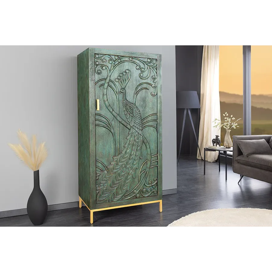 Invicta Komoda PEACOCK 3D drewno zielono złote mango 72 x 166 x 45cm / 45590