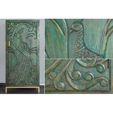 Invicta Komoda PEACOCK 3D drewno zielono złote mango 72 x 166 x 45cm / 45590