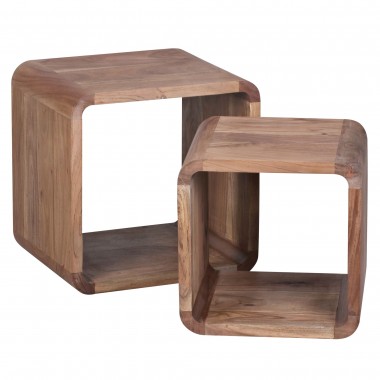 WOHNLING 2er Set Nesting tables Solid-wood Acacia Living table country style table Cubes Cube Shelf Nature