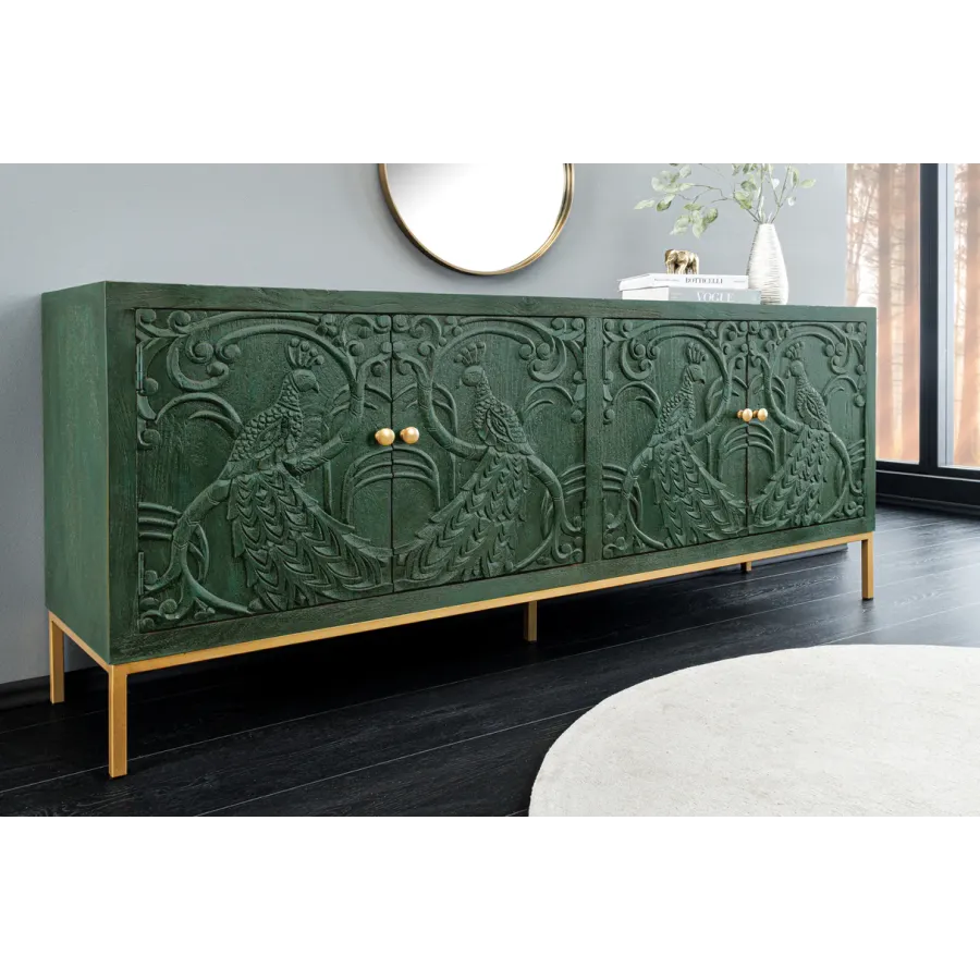 Invicta Komoda PEACOCK 3D drewno ciemnozielone mango 175 x 76 x 38cm / 45791