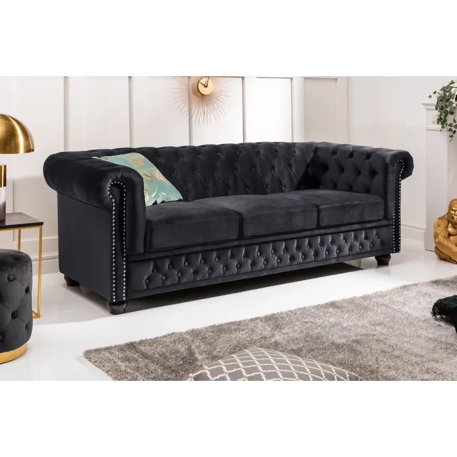 Sofa CHESTERFIELD 3 osobowa czarny aksamit 205cm / 47033