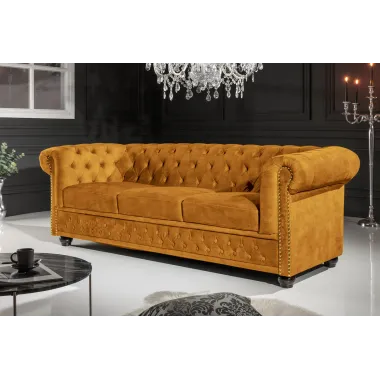 Sofa CHESTERFIELD 3 osobowa musztardowo żółty aksamit 205cm / 47032