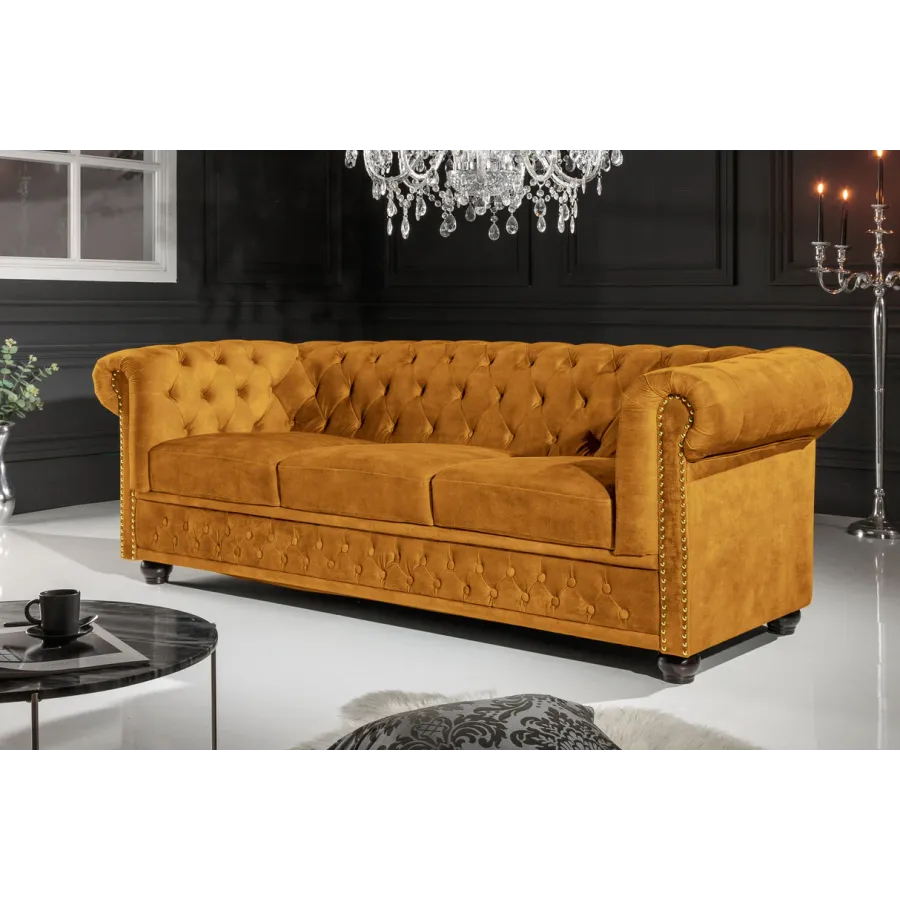 Sofa CHESTERFIELD 3 osobowa musztardowo żółty aksamit 205cm / 47032