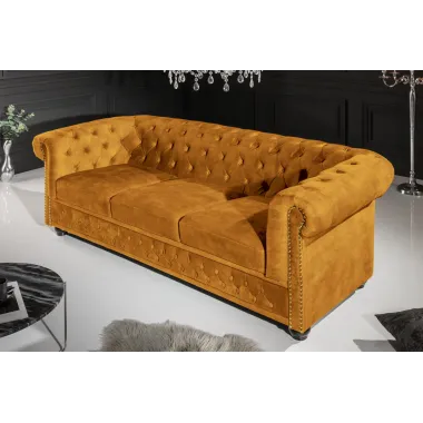 Sofa CHESTERFIELD 3 osobowa musztardowo żółty aksamit 205cm / 47032