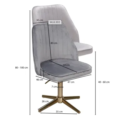 Wohnling Fotel biurowy szary aksamit 60 x 80-100 x 60cm / WL6.302