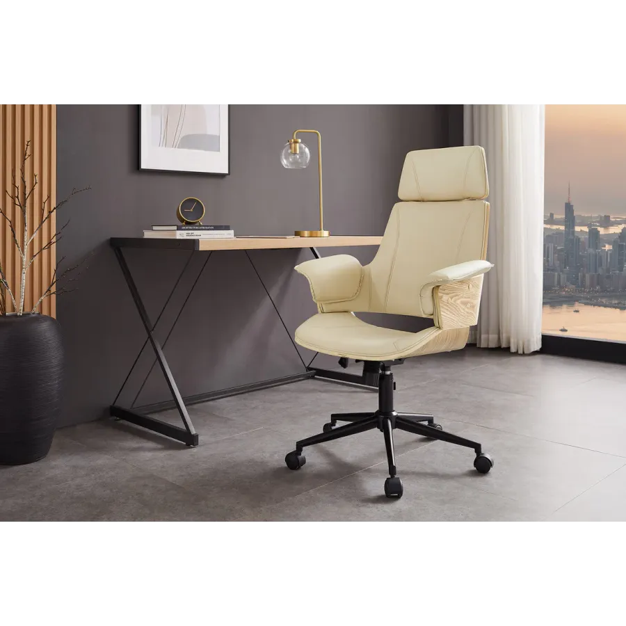 Invicta Fotel biurowy MANHATTAN kremowo beżowy obrotowy imitacja skóry orzech 68cm / 47717