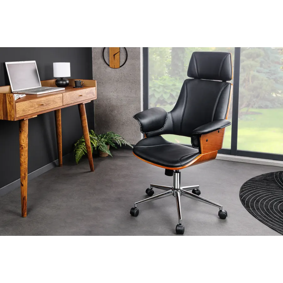 Invicta Fotel biurowy MANHATTAN czarny obrotowy imitacja skóry orzech 68cm / 44195