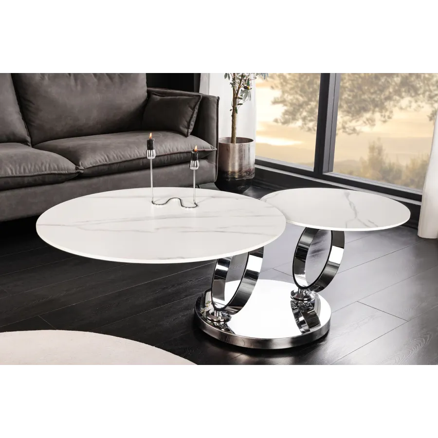 Invicta Stolik kawowy DANCING RINGS 80-135cm biały marmur chromowana rama / 46318