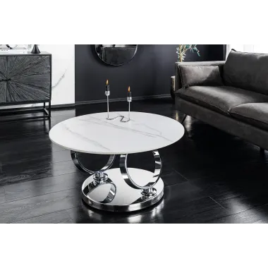 Invicta Stolik kawowy DANCING RINGS 80-135cm biały marmur chromowana rama / 46318