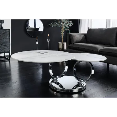 Invicta Stolik kawowy DANCING RINGS 80-135cm biały marmur chromowana rama / 46318