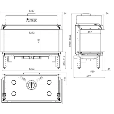 CALMA 120TC Kominek gazowy trójstronny 120 x 50cm