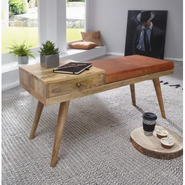 WOHNLING Ławka do siedzenie skóra naturalna brązowa ze schowkiem 100 x 48 x 38cm / WL6.479