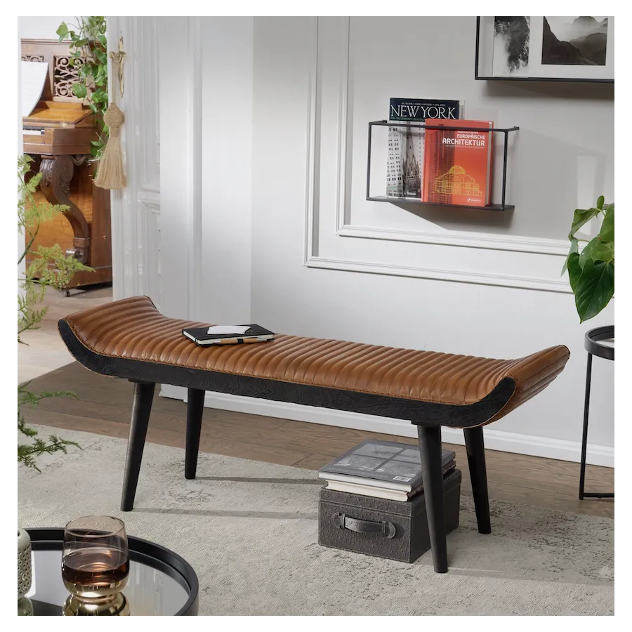 WOHNLING Ławka do siedzenie skóra naturalna brązowa nogi czarne 125 x 50 x 38cm / WL6.014