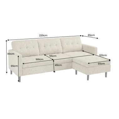 Invicta Sofa narożna STOCKHOLM 3 osobowa tkanina beżowa 220cm / 47838