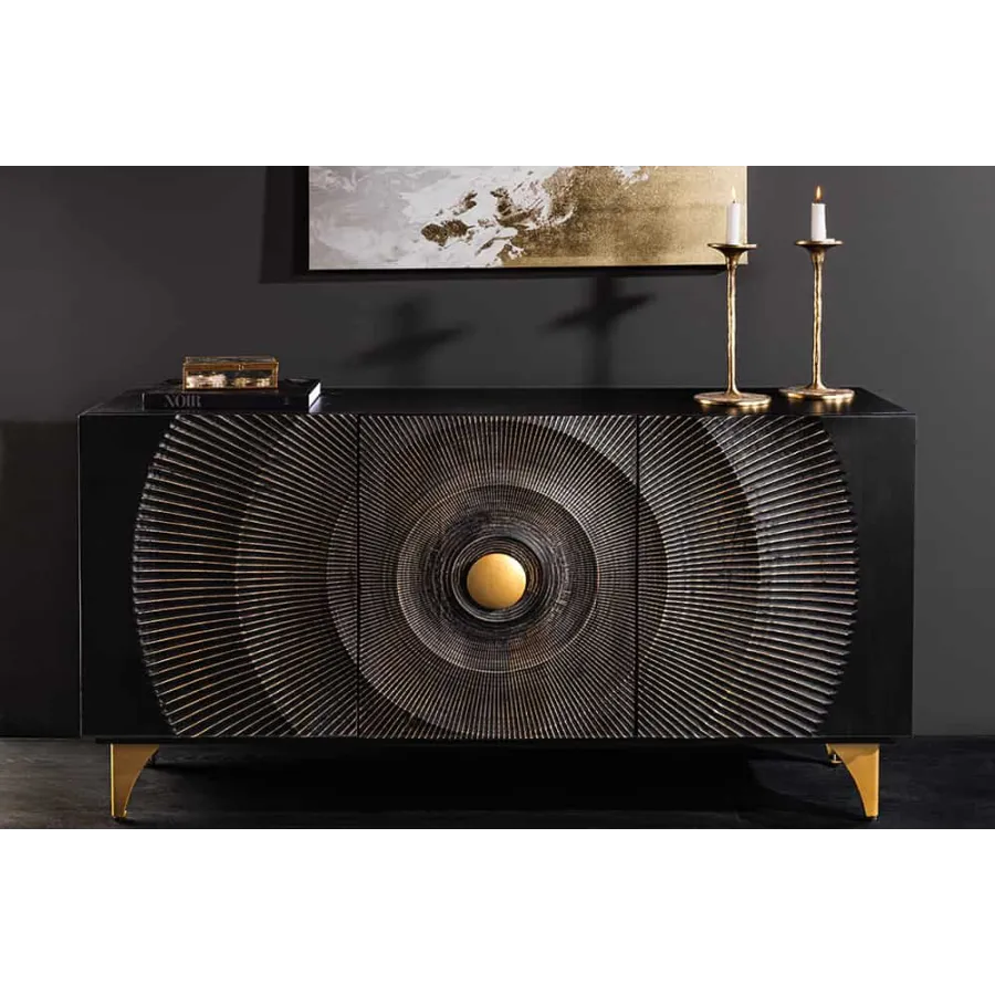 Invicta Komoda GOLDEN SUNSET czarne złoto z drewna mango 3D 140 x 75 x 38cm / 46658