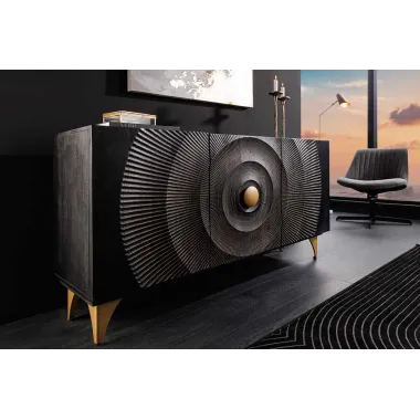 Invicta Komoda GOLDEN SUNSET czarne złoto z drewna mango 3D 140 x 75 x 38cm / 46658