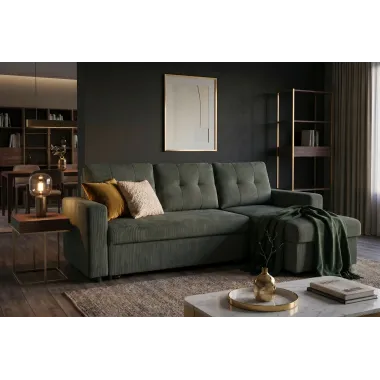 Invicta Sofa narożna APARTMENT z funkcją spania zielony sztruks 202 x 90 x 150cm / 48124