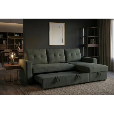 Invicta Sofa narożna APARTMENT z funkcją spania zielony sztruks 202 x 90 x 150cm / 48124