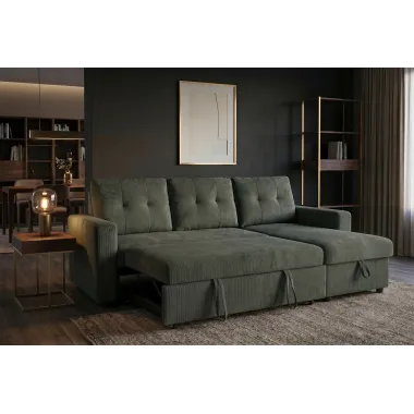 Invicta Sofa narożna APARTMENT z funkcją spania zielony sztruks 202 x 90 x 150cm / 48124