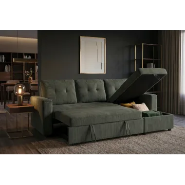 Invicta Sofa narożna APARTMENT z funkcją spania zielony sztruks 202 x 90 x 150cm / 48124