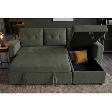 Invicta Sofa narożna APARTMENT z funkcją spania zielony sztruks 202 x 90 x 150cm / 48124