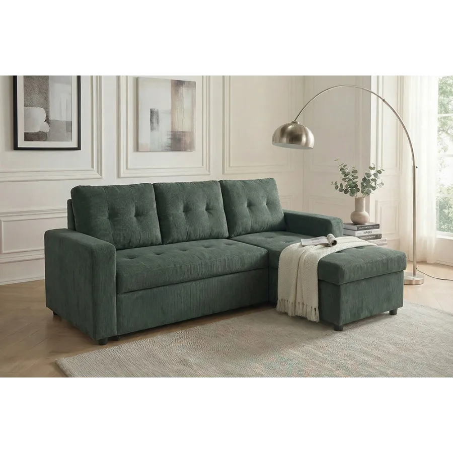 Invicta Sofa narożna APARTMENT z funkcją spania zielony sztruks 202 x 90 x 150cm / 48124