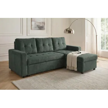 Invicta Sofa narożna APARTMENT z funkcją spania zielony sztruks 202 x 90 x 150cm / 48124