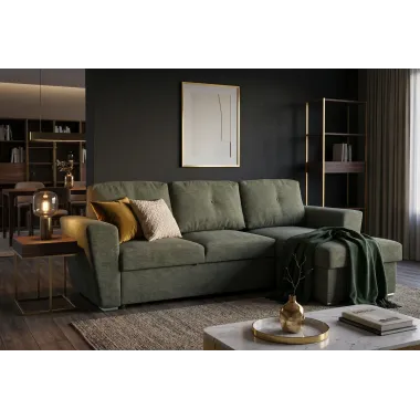 Invicta Sofa narożna APARTMENT z funkcją spania ciemnozielona tkania 245 x 90 x 150cm / 47599
