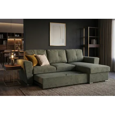 Invicta Sofa narożna APARTMENT z funkcją spania ciemnozielona tkania 245 x 90 x 150cm / 47599