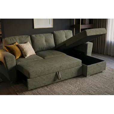Invicta Sofa narożna APARTMENT z funkcją spania ciemnozielona tkania 245 x 90 x 150cm / 47599