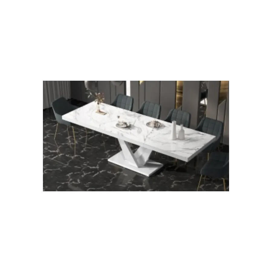 VEGAS Stół rozkładany do jadalni MDF Marble White HG + biały HG 160/208/256 x 75 x 89cm