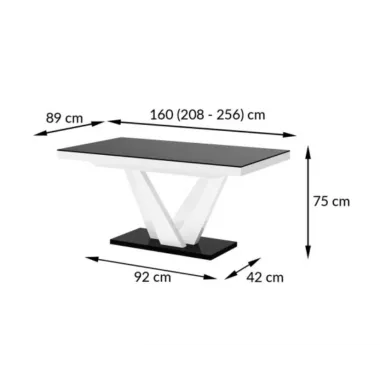 VEGAS Stół rozkładany do jadalni MDF Marble White HG + czarny HG 160/208/256 x 75 x 89cm