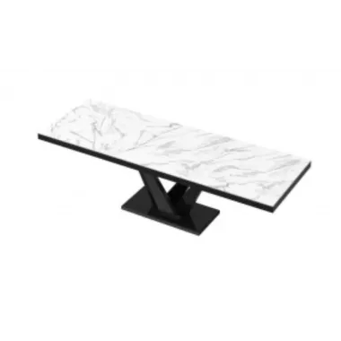 VEGAS Stół rozkładany do jadalni MDF Marble White HG + czarny HG 160/208/256 x 75 x 89cm