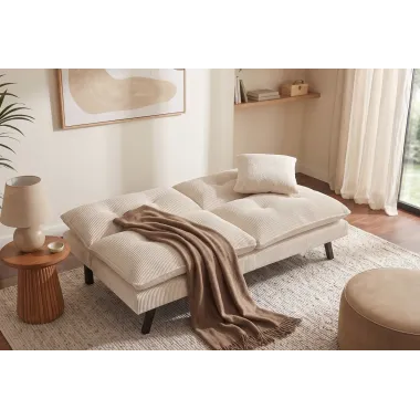 Invicta Sofa rozkładana COCOONING 3 osobowa sztruksowa beżowa 190 x 80 x 90cm / 48472