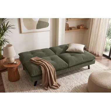 Invicta Sofa rozkładana COCOONING 3 osobowa sztruksowa zielona 190 x 80 x 90cm / 48470