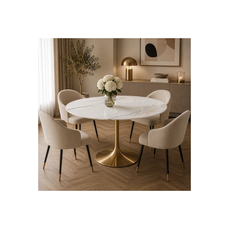 Kare Stół INVITATION set ceramic white brass Ø 120cm / 70493