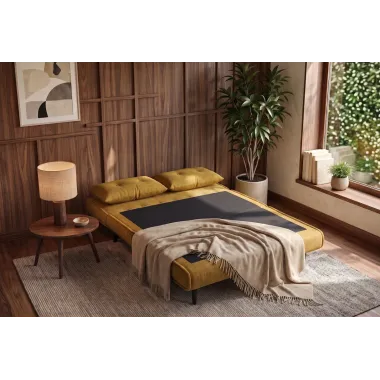 Invicta SMART MULTIFUNCTION Sofa rozkładana musztardowo żółty welur 140 x 83 x 90cm / 48808