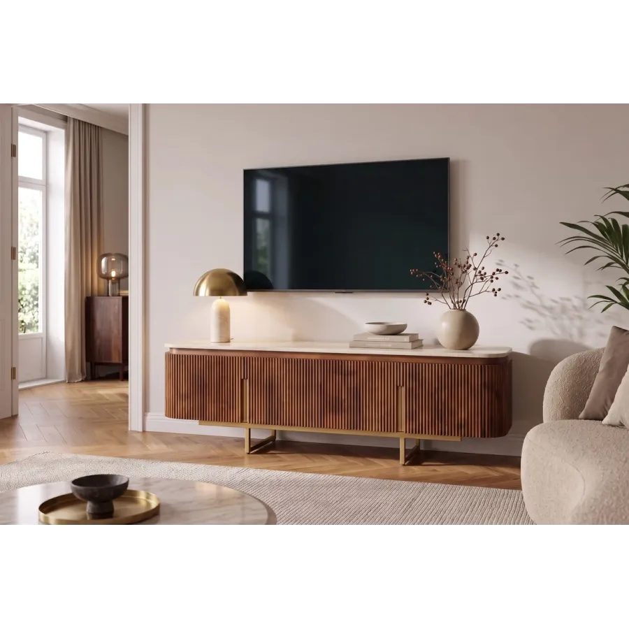 Invicta Szafka TV GATSBY mango blat z trawertytu 160 x 50 x 40cm / 49282