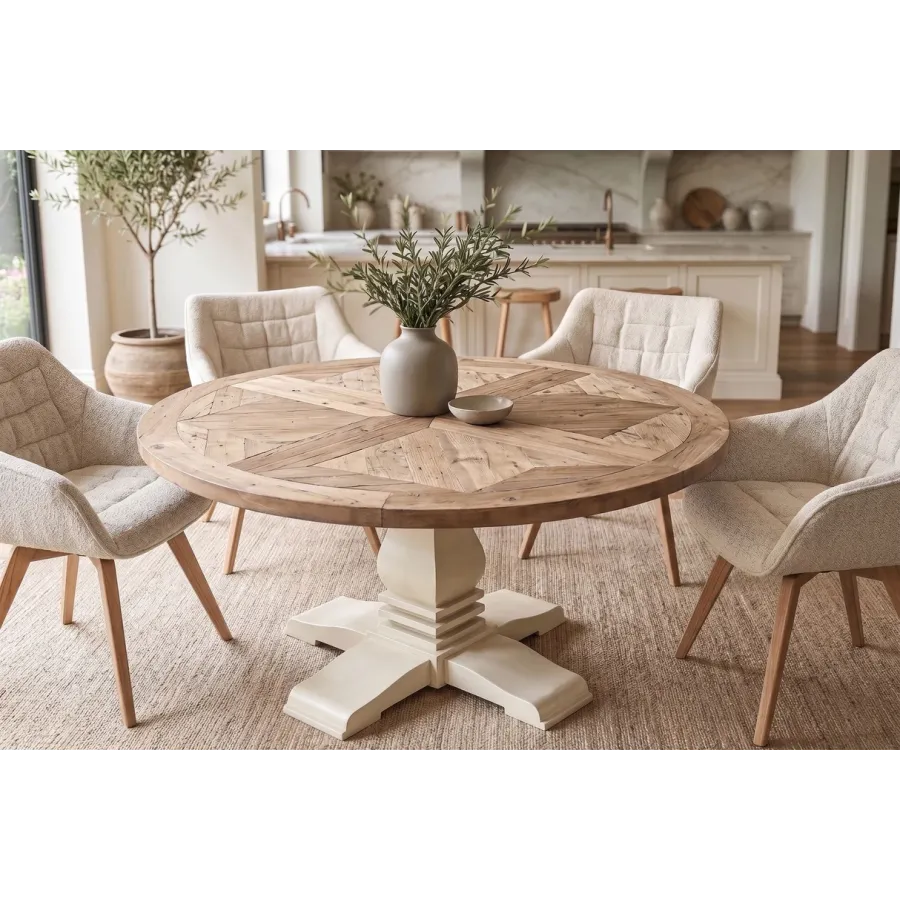 Invicta STół HAMPTONS sosna z recyklingu jasnobrązowy kremowy Ø 120cm / 48661