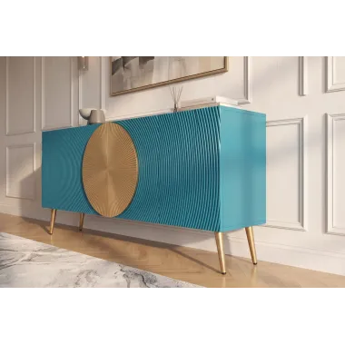 Invicta Komoda AURUM ryflowane fronty ze złotym akcentem turkusowe mango 180cm / 49521