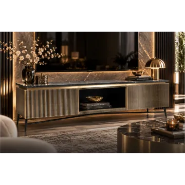 Szafka TV IRONVILLE złota marmurowy blat 170 x 50 x 40cm / 7576