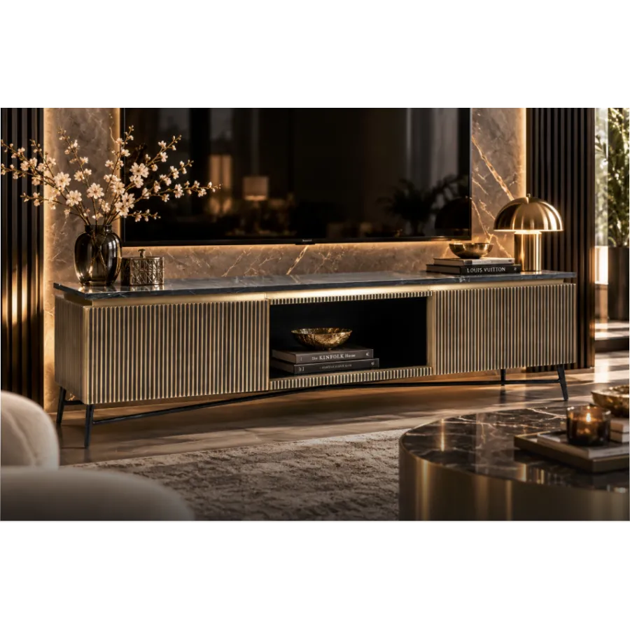 Szafka TV IRONVILLE złota marmurowy blat 170 x 50 x 40cm / 7576