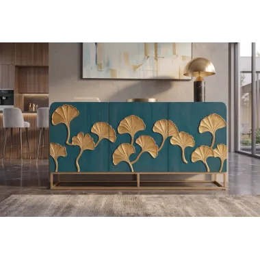 Invicta Komoda GINKGO 3D GOLD turkusowe mango 160 x 75 x 38cm / 49494
