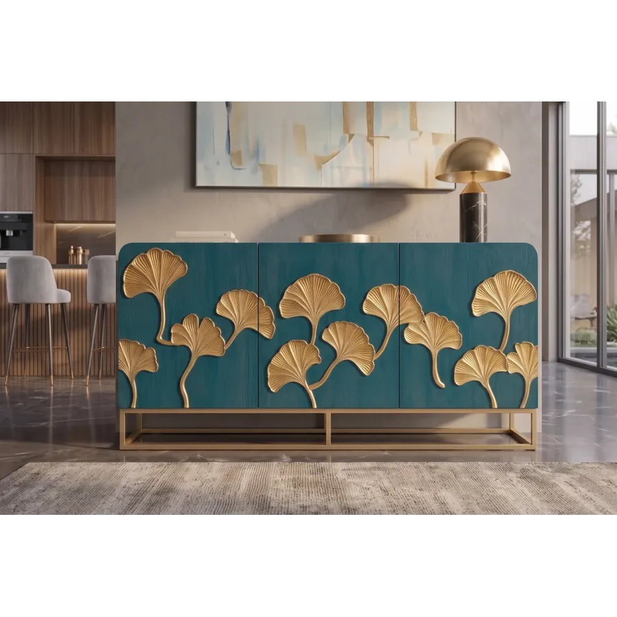 Invicta Komoda GINKGO 3D GOLD turkusowe mango 160 x 75 x 38cm / 49494