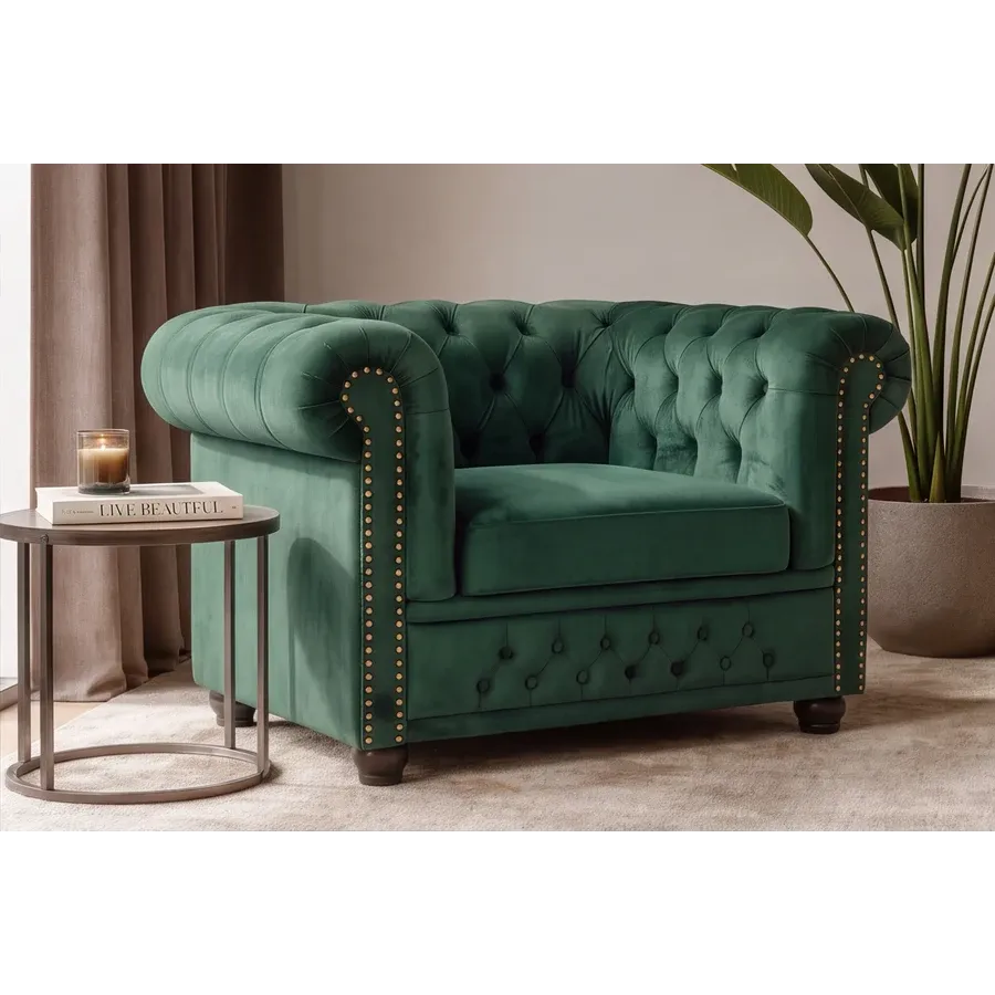 Invicta Fotel CHESTERFIELD zielony aksamit 110 x 65 x 88cm / 49285